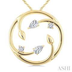 1/4 Ctw Branched Leaf Pear and Round Cut Diamond Circle Fashion Pendant With Chain in 14K Yellow Gold