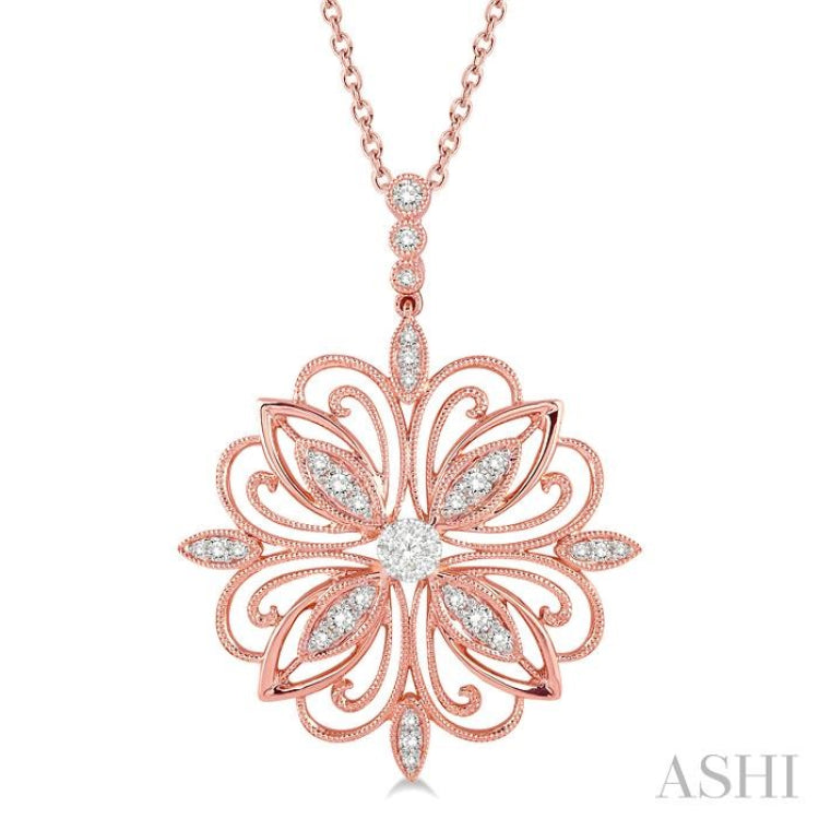 1/3 Ctw Lattice Floral Pattern Lovebright Round Cut Diamond Pendant With Chain in 14K Rose and White Gold