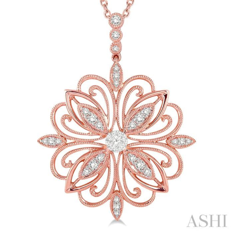 1/3 Ctw Lattice Floral Pattern Lovebright Round Cut Diamond Pendant With Chain in 14K Rose and White Gold