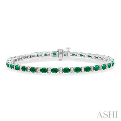 4X3 MM Oval Cut Emerald and 1/3 Ctw Round Cut Diamond Precious Bracelet in 14K White Gold