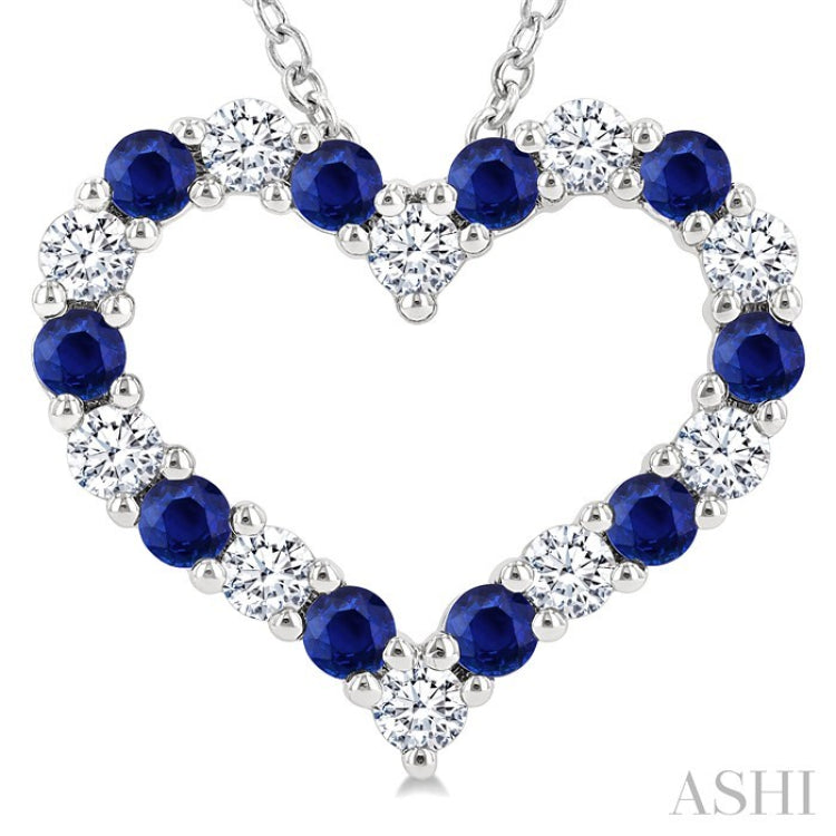 2.3 MM Round Cut Sapphire and 1/2 Ctw Open Heart Round Cut Diamond Precious Fashion Pendant With Chain in 14K White Gold