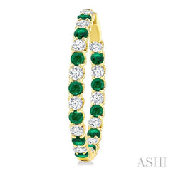 2.9 MM Round Emerald and 2 5/8 Ctw Round Cut Diamond Inside & Outside Alternating Precious Hoop Earrings in 14K Yellow Gold