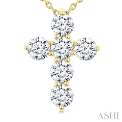 1 Ctw Round Cut Diamond Christian Cross 6-Stone Fashion Pendant With Chain in 14K Yellow Gold