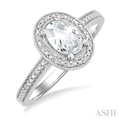 7X5 MM Oval Shape White Topaz and 1/50 Ctw Round Cut Diamond Semi-Precious Ring in Sterling Silver