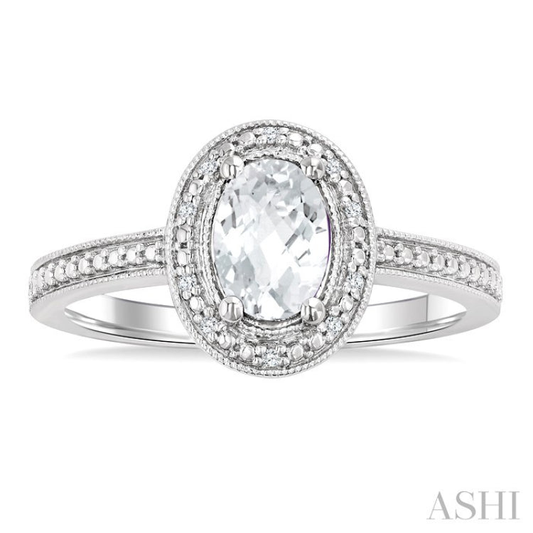 7X5 MM Oval Shape White Topaz and 1/50 Ctw Round Cut Diamond Semi-Precious Ring in Sterling Silver