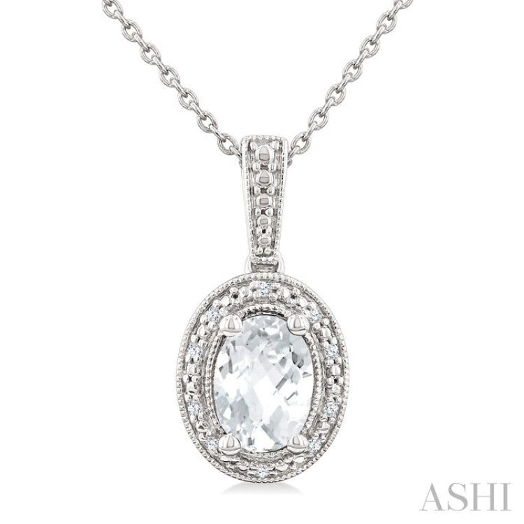 7X5 MM Oval Shape White Topaz and 1/50 Ctw Round Cut Diamond Semi-Precious Pendant With Chain in Sterling Silver