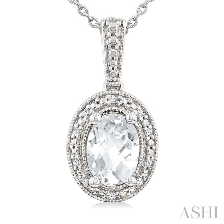 7X5 MM Oval Shape White Topaz and 1/50 Ctw Round Cut Diamond Semi-Precious Pendant With Chain in Sterling Silver
