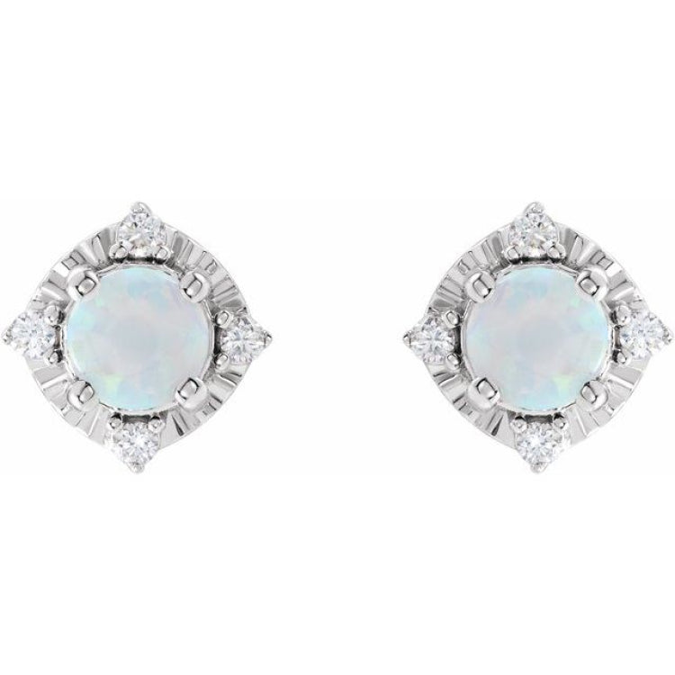 14K White Gold Lab-Grown White Opal & .08 CTW Natural Diamond Halo-Style Earrings