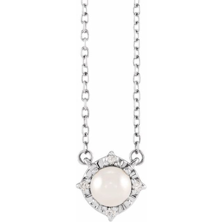 Sterling Silver Cultured White Freshwater Pearl & .04 CTW Natural Diamond Halo-Style 18" Necklace