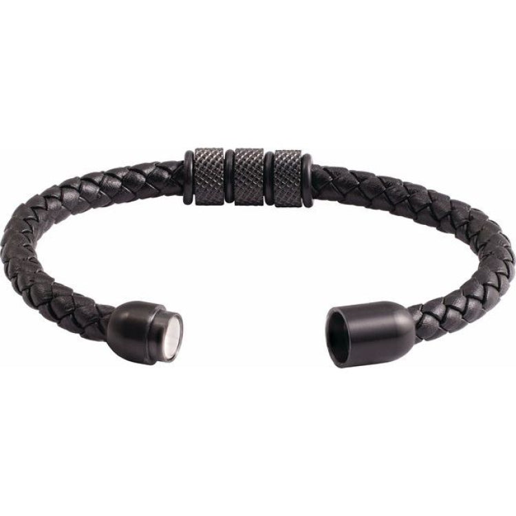 Black PVD Stainless Steel 6 mm Braided Leather 8 1/8" Bracelet