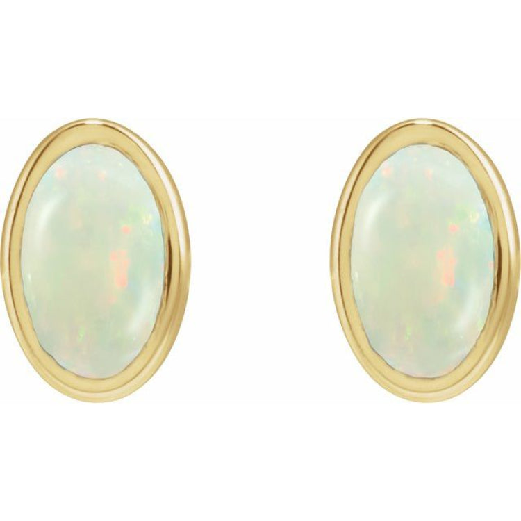 14K Yellow Gold Lab-Grown White Opal Cabochon Earrings