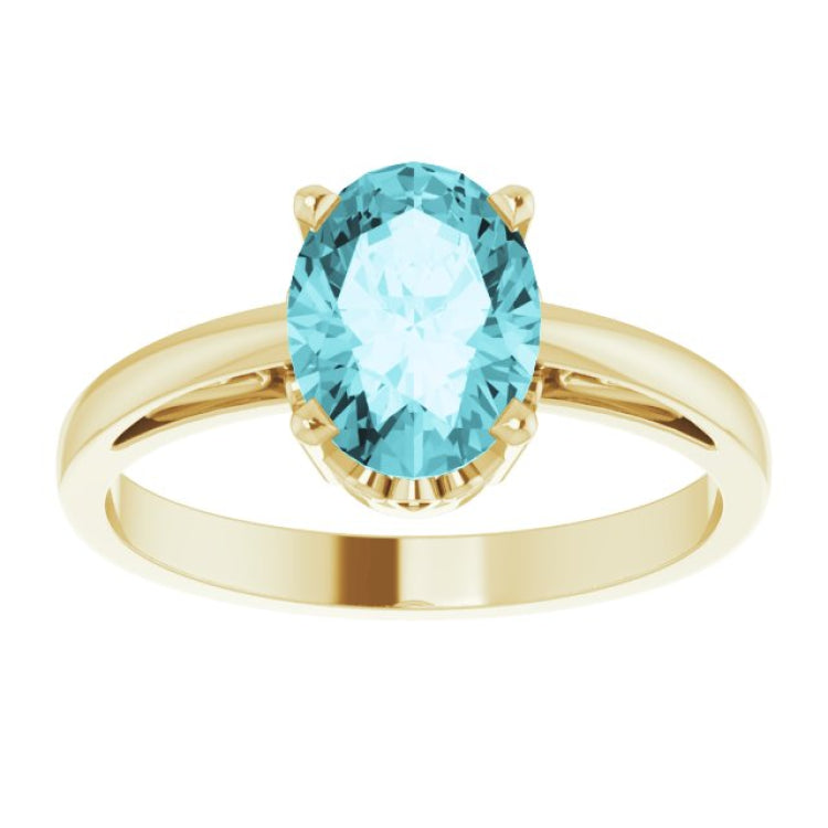 14K Yellow Gold Natural Blue Zircon Scroll Setting® Ring
