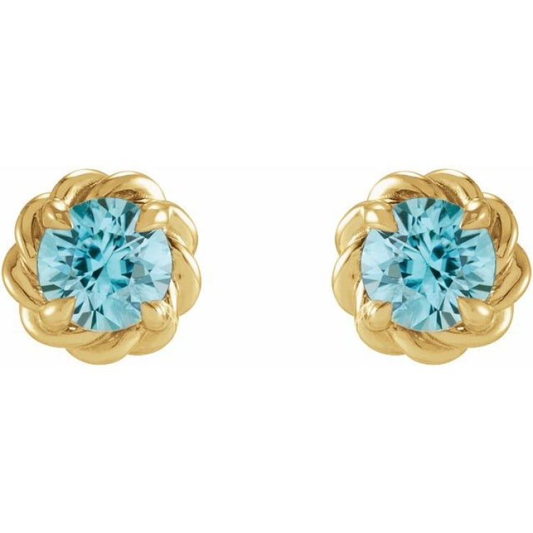 14K Yellow Gold 5 mm Natural Blue Zircon Claw-Prong Rope Earrings