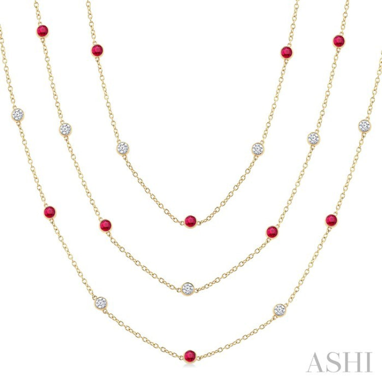 2.85 MM Mixed Shape Ruby and 2 3/4 Ctw Round Cut Diamond Precious Necklace in 14K Yellow Gold