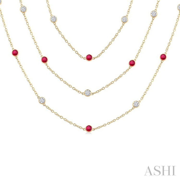 2.85 MM Mixed Shape Ruby and 2 3/4 Ctw Round Cut Diamond Precious Necklace in 14K Yellow Gold