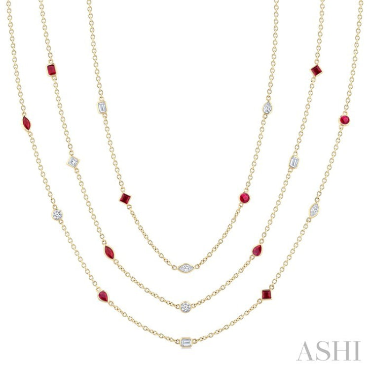 Mixed Shape Ruby and 2 1/2 Ctw Round Cut Diamond Precious Necklace in 14K Yellow Gold