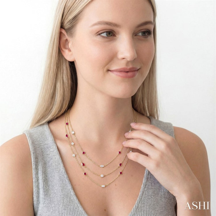 Mixed Shape Ruby and 2 1/2 Ctw Round Cut Diamond Precious Necklace in 14K Yellow Gold