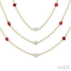Mixed Shape Ruby and 2 1/2 Ctw Round Cut Diamond Precious Necklace in 14K Yellow Gold