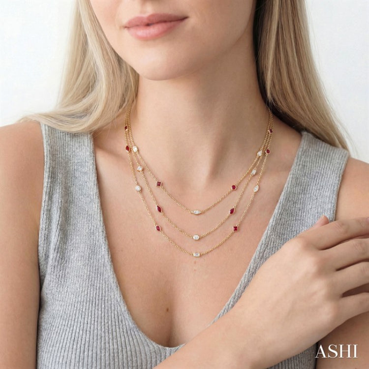 Mixed Shape Ruby and 2 1/2 Ctw Round Cut Diamond Precious Necklace in 14K Yellow Gold