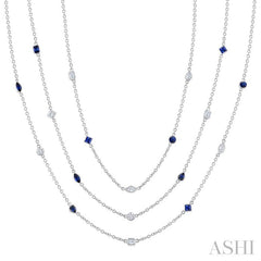 Mixed Shape Sapphire and 2 1/2 Ctw Round Cut Diamond Precious Necklace in 14K White Gold