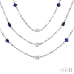 Mixed Shape Sapphire and 2 1/2 Ctw Round Cut Diamond Precious Necklace in 14K White Gold