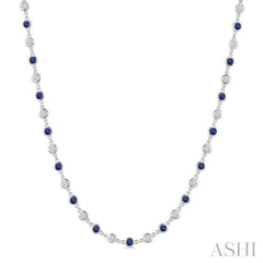 2.85 MM Round Shape Sapphire and 2 5/8 Ctw Bezel Set Round Cut Diamond Precious Station Necklace in 14K White Gold