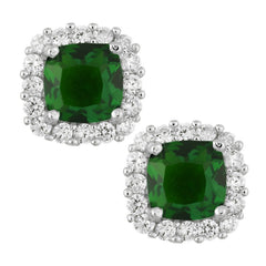Sterling Silver Green CZ Square with CZ Border Stud Earrings