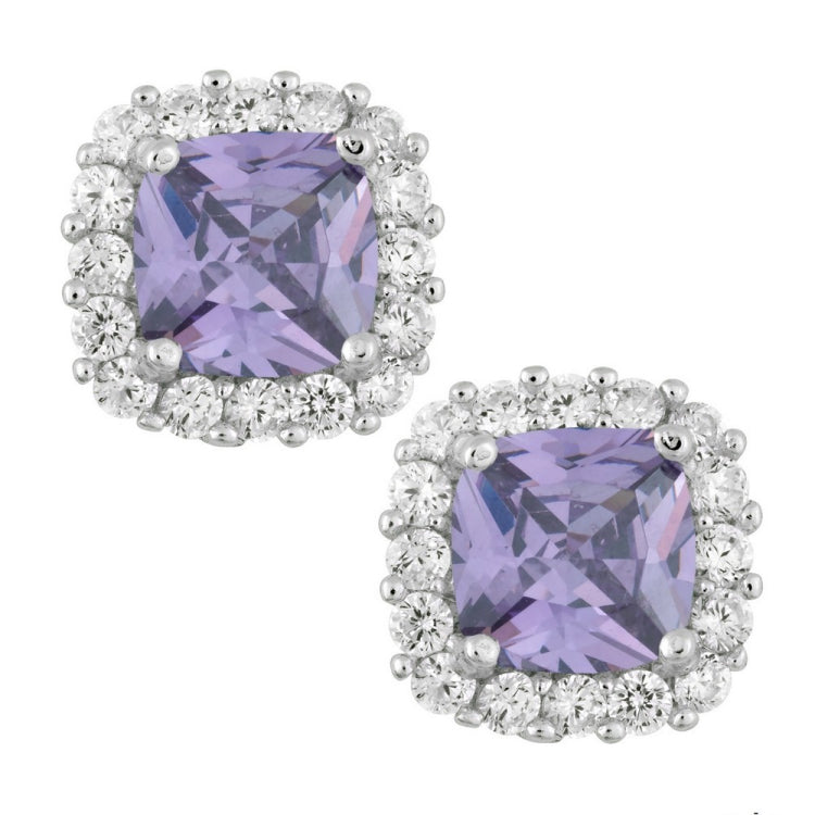 Sterling Silver Purple CZ Square with CZ Border Stud Earrings