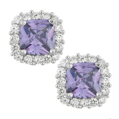 Sterling Silver Purple CZ Square with CZ Border Stud Earrings