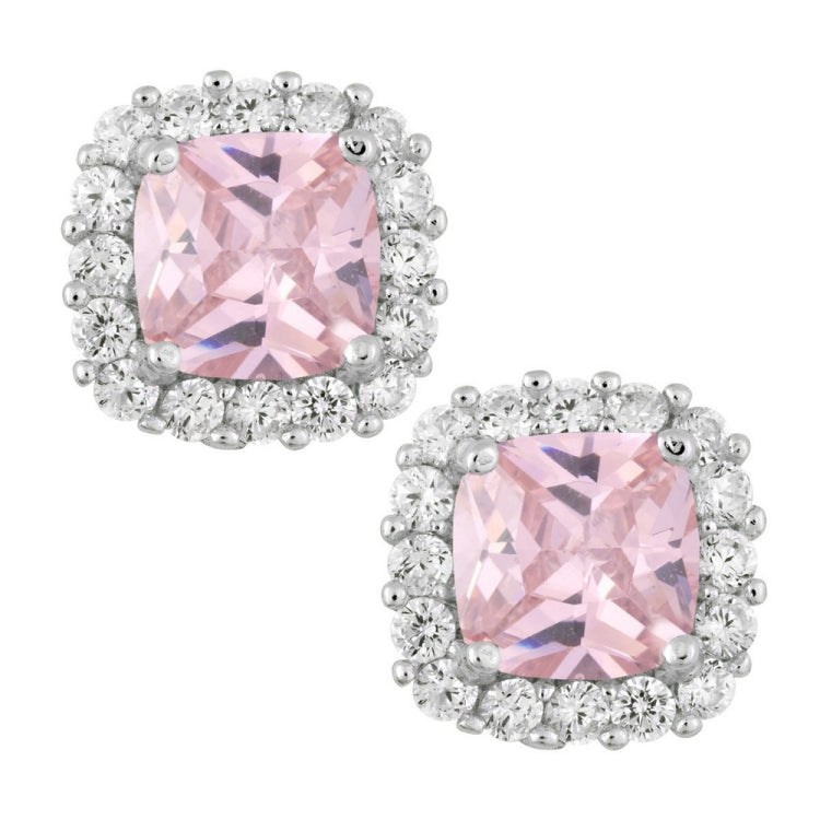 Sterling Silver Pink CZ Square with CZ Border Stud Earrings