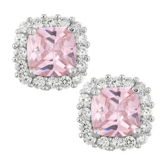 Sterling Silver Pink CZ Square with CZ Border Stud Earrings