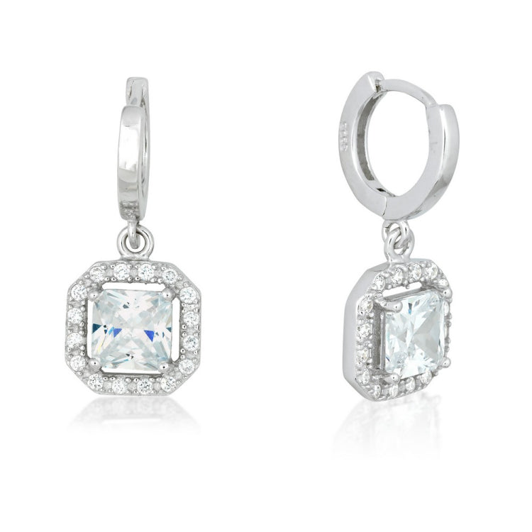 Sterling Silver Square Dangling Clear CZ Micro Pave Earrings