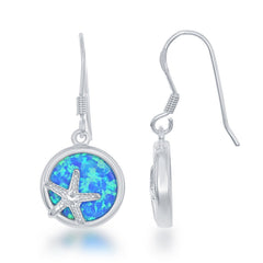 Sterling Silver Round Blue Inlay Opal with Small Silver Starfish Earrings