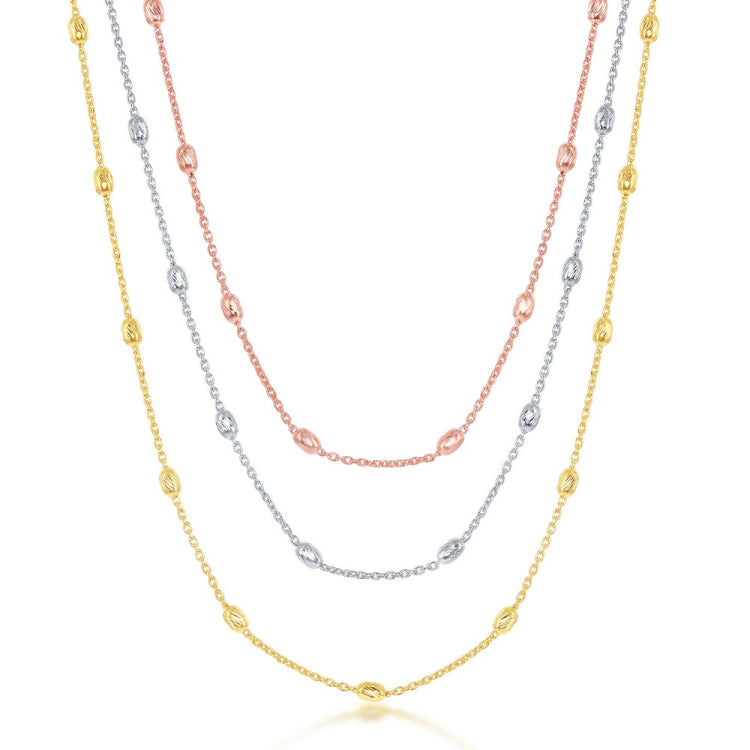 Sterling Silver Tri Color Graduating Oval Beaded Necklace