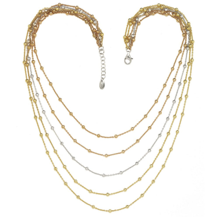 Sterling Silver Tri Color Multi Strand Graduating Oval Beaded Necklace