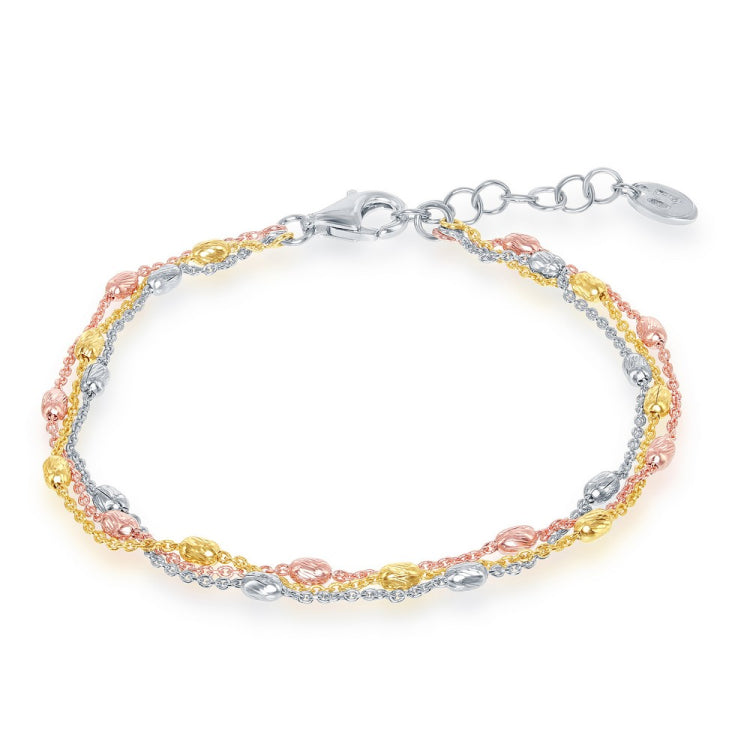 Sterling Silver Tri Color Triple Strand Oval Beaded Bracelet