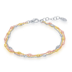 Sterling Silver Tri Color Triple Strand Oval Beaded Bracelet