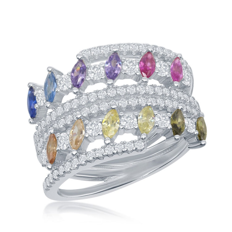 Sterling Silver Multi-Color Marquise CZ Double Ring