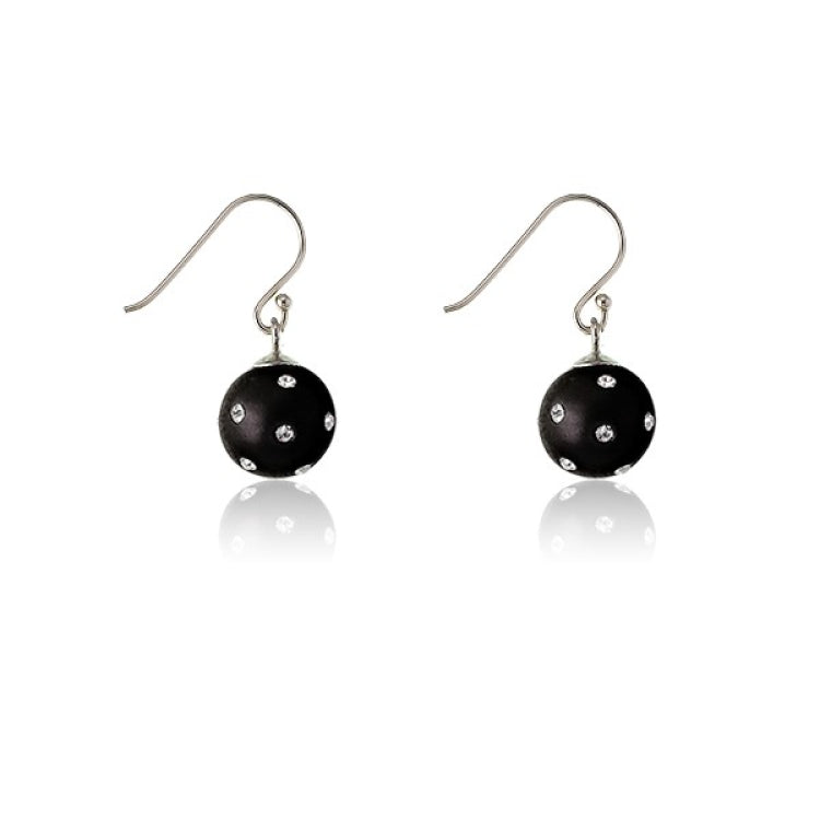 Sterling Silver 11mm Black Synthetic Enamel Circle Earrings Embedded w/ Crystals