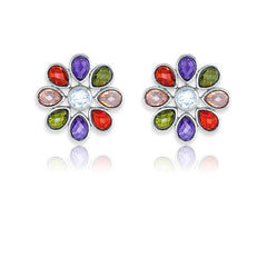 (SPECIAL ORD) Sterling Silver Multi-Colored CZ's Flower Earrings