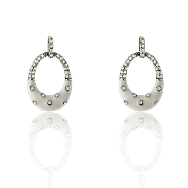 Sterling Silver Half CZ, Half White Enamel w/ CZ Open Oval Earrings