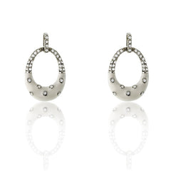 Sterling Silver Half CZ, Half White Enamel w/ CZ Open Oval Earrings
