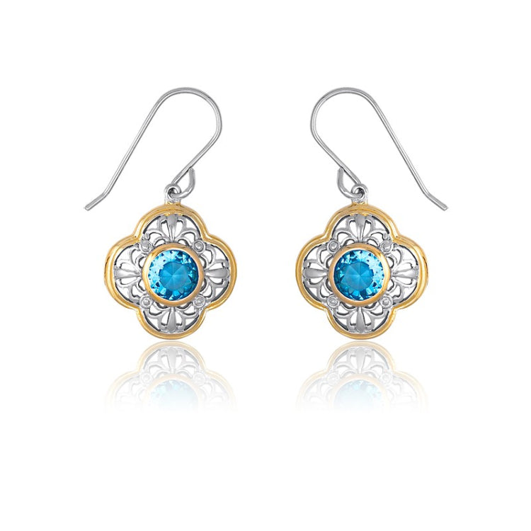 (SPECIAL ORD) Sterling Silver Center Aqua Circle CZ w/ Silver Design and GP Outline Flower Earrings