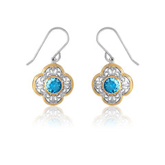(SPECIAL ORD) Sterling Silver Center Aqua Circle CZ w/ Silver Design and GP Outline Flower Earrings