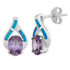 Sterling Silver Blue Inlay Opal w/ Large Amethyst Oval CZ Earrings