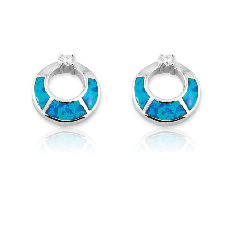 Sterling Silver Blue Inlay Opal w/ CZ Open Circles Earrings