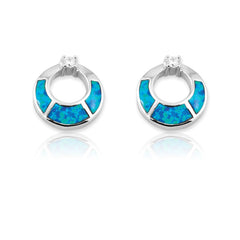 Sterling Silver Blue Inlay Opal w/ CZ Open Circles Earrings