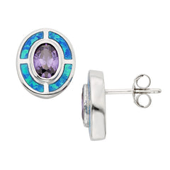 Sterling Silver Blue Inlay Opal w/ Amethyst CZ Oval Earrings