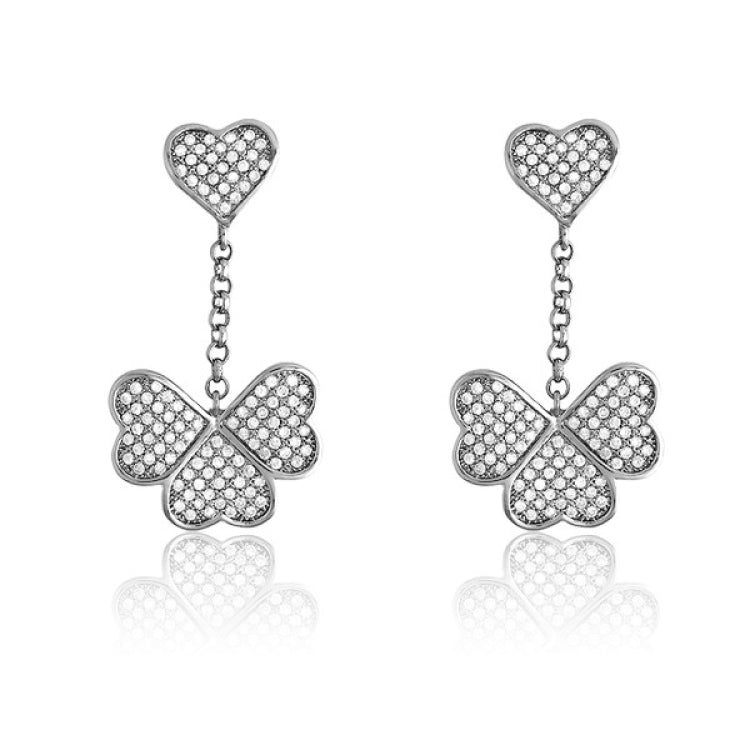 Sterling Silver Micro Pave 4-Leaf Clover w/ Chain Earrings (224 stones)