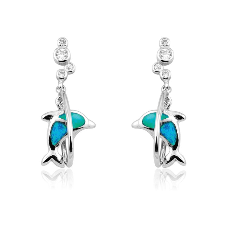 Sterling Silver CZ and Blue Inlay Opal Dolphin Diving Through Circle Earrings